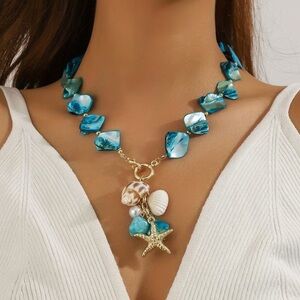 Blue Shell Drop Charm Necklace with Front Closure